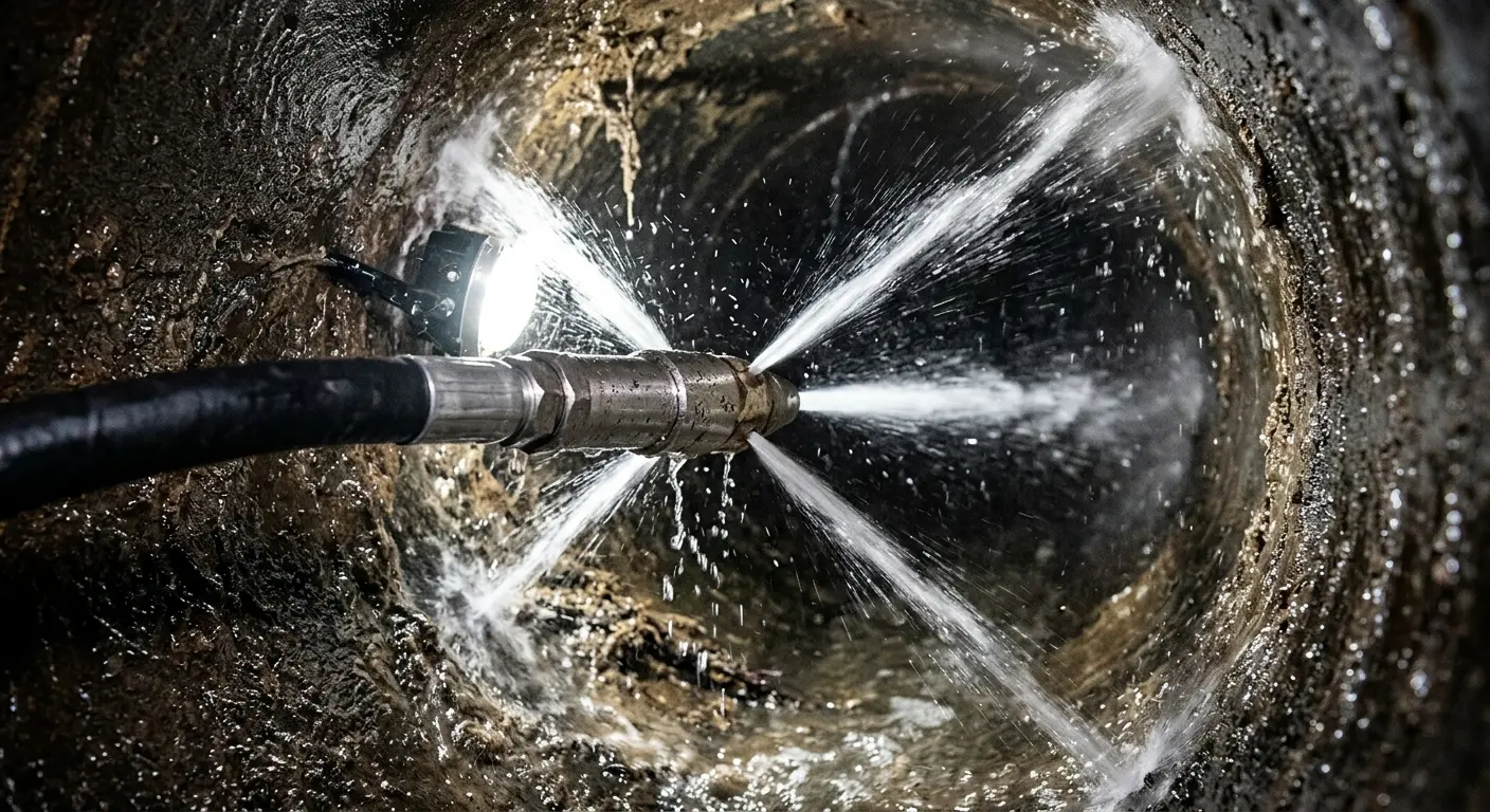 High-pressure hydro jetting nozzle cleaning sewer pipe for Sewer Line Relining in Las Flores