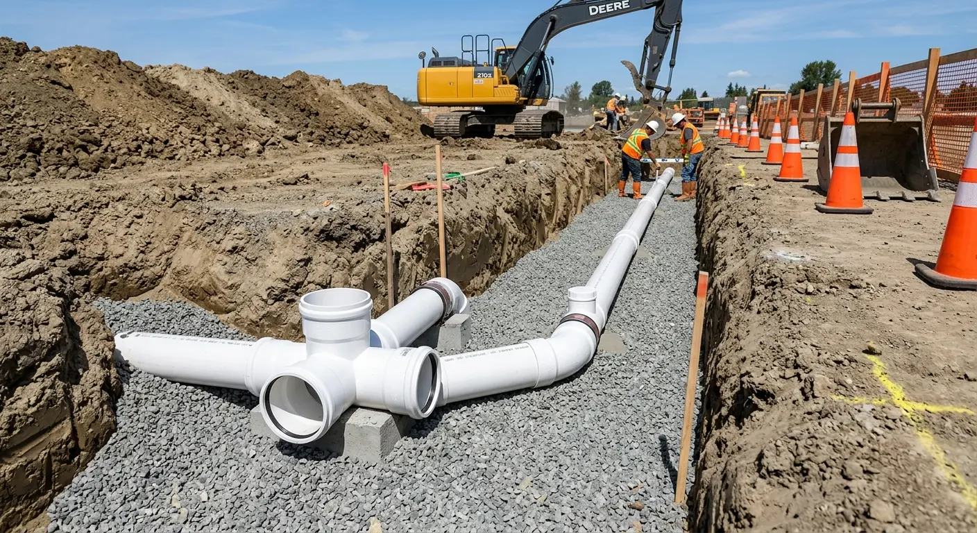 New PVC sewer pipe installation in open trench for Commercial Drain Cleaning in Las Flores