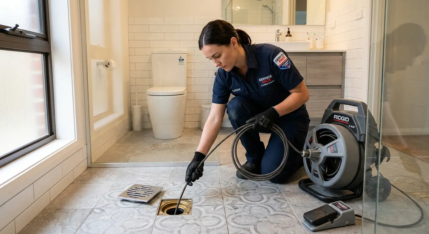 Technician clearing a bathroom floor drain for Hydro Jetting in Las Flores